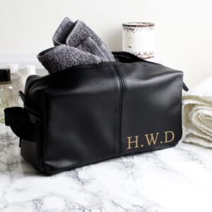 Personalised Luxury Initials Black Leatherette Wash Bag