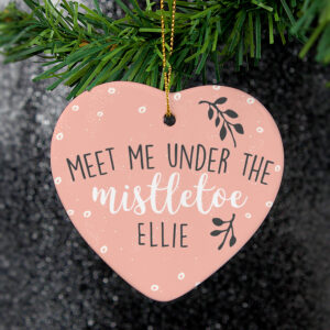 Personalised Meet Me Under The Mistletoe Ceramic Heart Decoration