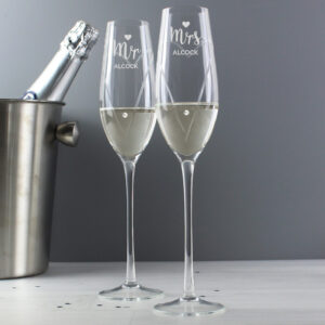 Personalised Hand Cut Mr & Mrs Pair of Flutes with Swarovski Elements in Gift Box