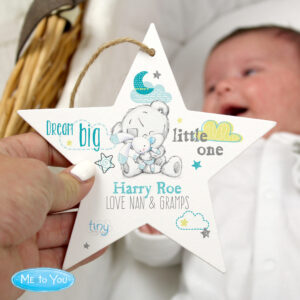 Personalised Tiny Tatty Teddy Dream Big Blue Wooden Star Decoration