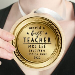 Personalised World's Best Teacher Round Wooden Medal