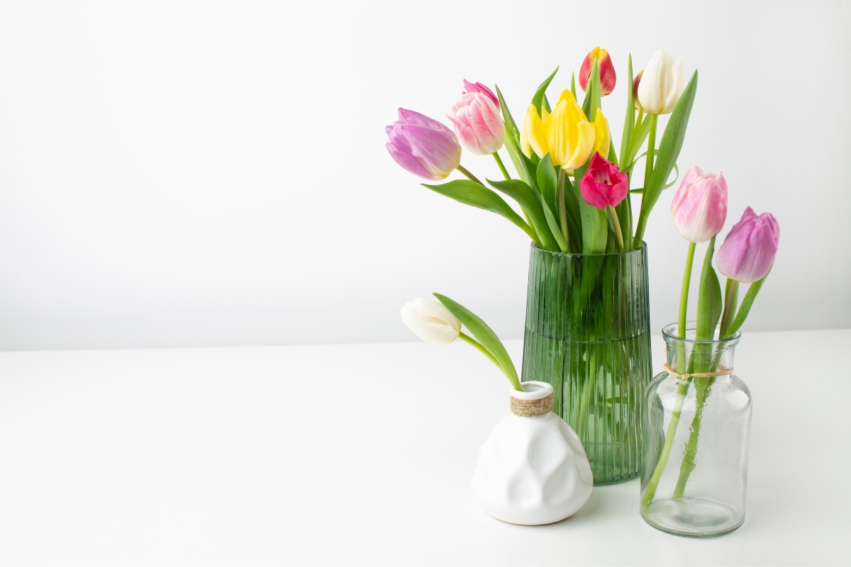 Fresh flowers in vase for decoration on Mother's Day picnic