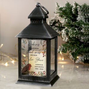 Personalised Robins Appear. Memorial Black Lantern