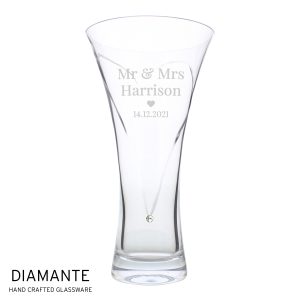 Personalised Mr & Mrs Large Hand Cut Diamante Heart Vase