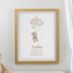 Personalised Teddy Balloon Oak Poster Frame
