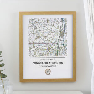 Personalised Present Day Map Compass Oak Poster Frame