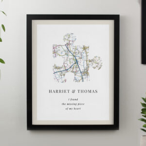 Personalised Present Day Map Puzzle Piece Black Poster Frame