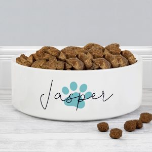 Personalised Blue Paw Print Name 15cm Medium Pet Bowl