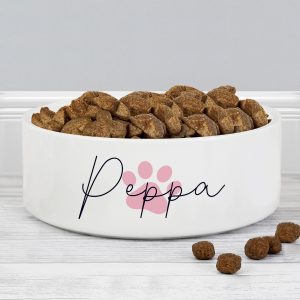 Personalised Pink Paw Print Name 15cm Medium Pet Bowl