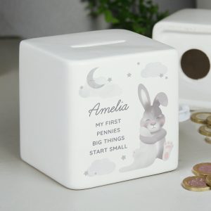 Personalised Baby Bunny Ceramic Square Money Box