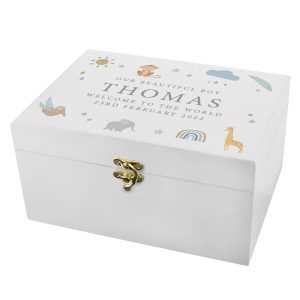 Personalised Safari Animals White Wooden Keepsake Box