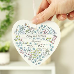 Personalised Botanical Scroll Wooden Heart Decoration